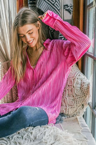 Pleated V Neck Button Up
