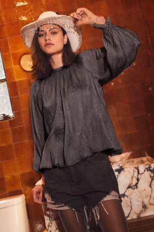 Crinkled Shimmer Blouse-Charcoal