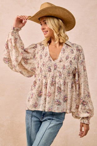 Ivory Floral Print Smocked Detail Top