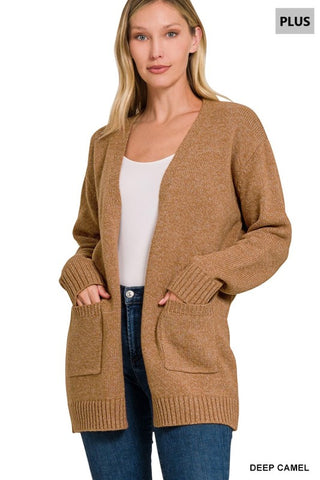 Curvy Open Front Cardigan-Camel