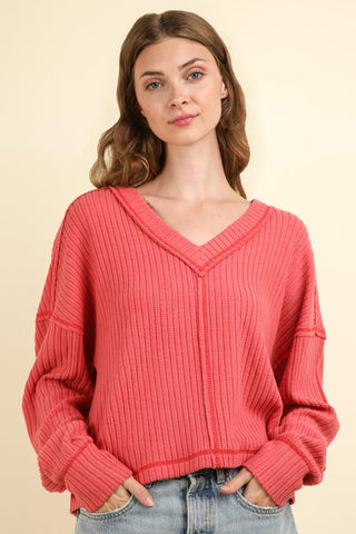 Comfy V-Neck Sweater- Coral