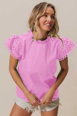Circle Trim Ruffle Sleeve Top-Pink