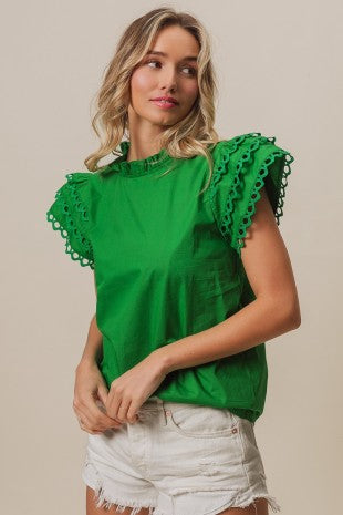 Circle Trim Ruffle Sleeve Top-Kelly Green