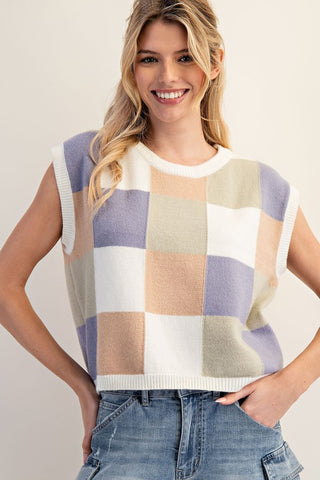 Checker Print Sleeveless Sweater- Sage Breeze