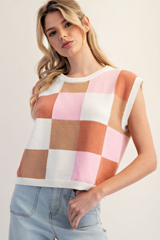 Checker Print Sleeveless Sweater- Sunset Latte
