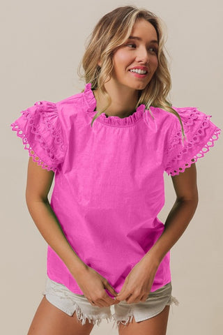 Circle Trim Ruffle Sleeve Top-Fuchsia