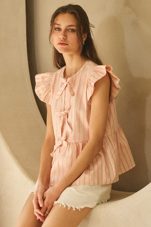 Striped Peplum Front Tie Top