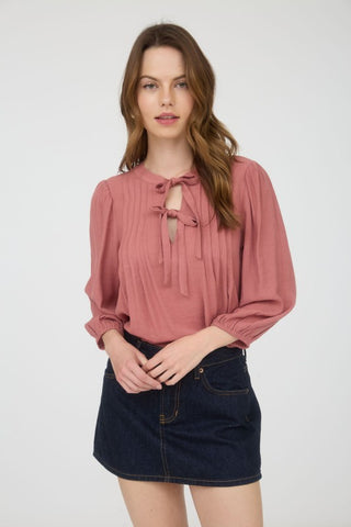 Front Tie Pleated 3/4 Sleeve Top