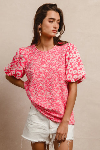 Textured Flower Print Puff Sleeve Top