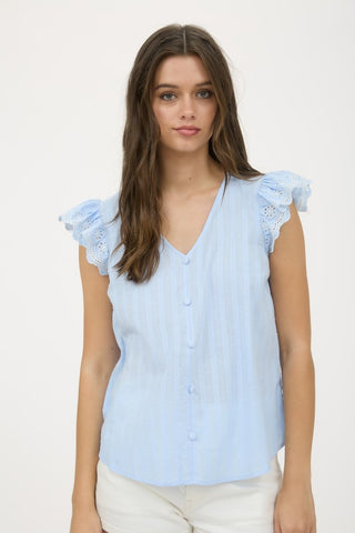 Stripe Clip Dot Floral Sleeve Blouse- Ice Blue