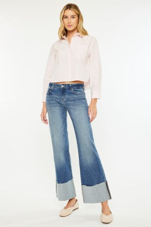 KanCan Mid Rise Wide Flare Cuff Jeans