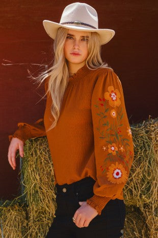 Curvy Flower Embroidered Sleeve Blouse