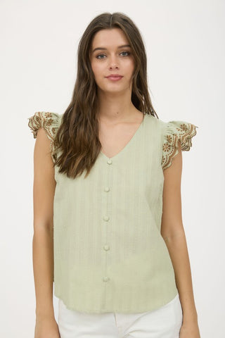 Stripe Clip Dot Floral Sleeve Blouse- Sage