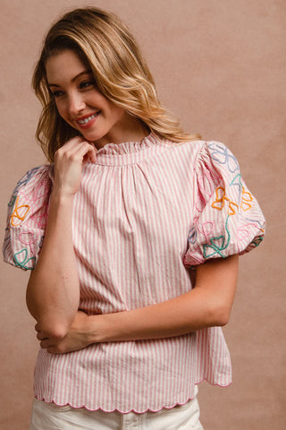 Embroidery Bubble Sleeve Top