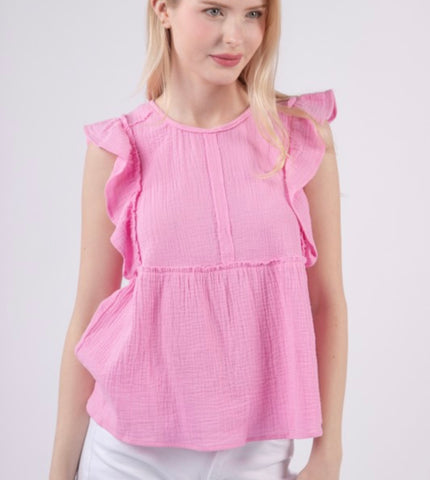 Pink Gauze Ruffle Sleeve Top