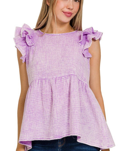 Lavender Washed Ruffle Sleeve Top
