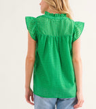 Green Pattern Ruffle Sleeve Top