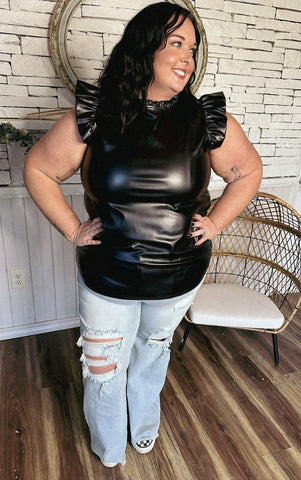 Faux Leather Ruffle Sleeve Top